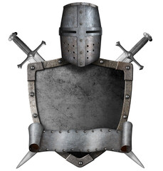 Sticker - medieval knight shield, helmet and crossed swords isolated 3d illustration