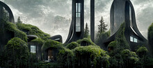 Futuristic Black Exterior Drone View Forest Hotel Digital Art Illustration Painting Hyper Realistic