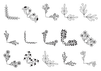 hand drawn flower corner borders. Fancy page decoration. laurel design elements.