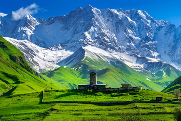 Lamaria Church Jgrag and Ushguli village at the foot of Mt. Shkhara,Upper Svaneti, Georgia.