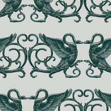Seamless Pattern From Sketches Vintage Architectural Details In Shape Decorative Swan
