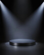 Black low round empty podium lit by pair of spotlights from upper corners. 3d computer graphic template of displaying place for your products.