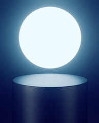 Wall Mural - Night theme, dark empty pedestal and white round glowing light in background. 3d computer graphic template of displaying place for your products.