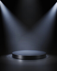 Aufkleber - Black low round empty podium lit by pair of spotlights from upper corners. 3d computer graphic template of displaying place for your products.