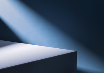 3D illustration of wooden board corner at green wall lit by diagonal light stripe.