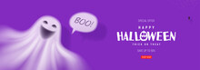 Horizontal Banner For Halloween Sale. Purple Banner With 3d Transparent Ghost And Spider On Web. Vector Illustration. Happy Halloween Holiday Banner.