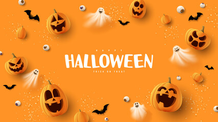 Wall Mural - Happy Halloween holiday banner. Orange festive banner with 3d spooky pumpkins, candy eyes, paper bats, ghosts and confetti. Vector illustration. Happy Halloween holiday banner.