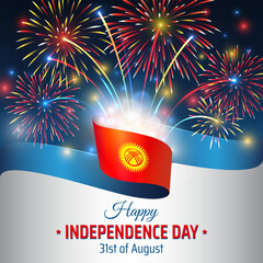 August 31, kyrgyzstan independence day, vector template with kyrgyz flag and colorful fireworks on blue night sky background. Kyrgyzstan national holiday august 31st. Independence day card