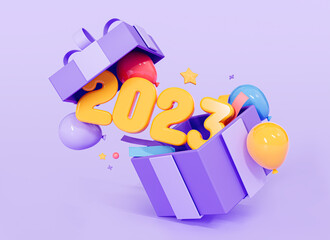 Wall Mural - 3D Happy New Year 2023 banner. Merry Christmas poster. Open Gift box with balloons and confetti. Festive party surprise. Xmas celebration. Cartoon creative design on purple background. 3D Rendering