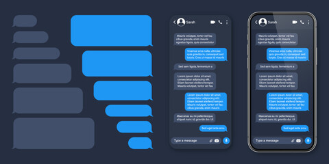 Realistic smartphone with messaging app. SMS text frame. Conversation chat screen with blue message bubbles and placeholder text. Social media application. Vector illustration.