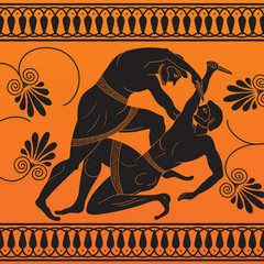 Drawing in the ancient Greek style. Mythological story two men are fighting with knives in their hands.