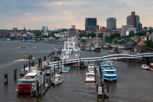 Hamburg, Germany, June 8th 2022. Various Boats In Hafencity, An Old Harbor District On A Rainy Day.