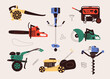 Flat design vector illustration of power petrol hand tools. Set includes icons of leaf blower, chainsaw, walk-behind tractor, brush cutter, lawn mower, gas portable generator, petrol saw and gas drill