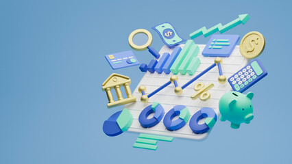 Poster - Finance consulting investment business money coins banknotes banking office analysis growth arrow chart report  balance calculator statistic tax financial savings concept. 3d rendering.