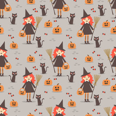 Wall Mural - Cute Witch and Halloween Pumpkins Seamless Pattern