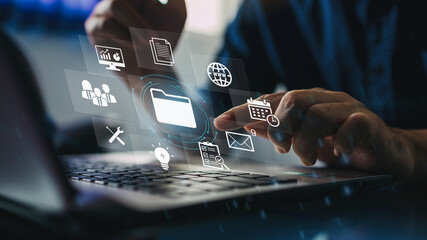 Wall Mural - virtual screen icons document management system (dms) online document file data software for efficie