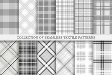 Collection Of White And Gray Seamless Textile Patterns - Geometric Striped Design. Vector Repeatable Monochrome Cloth Backgrounds