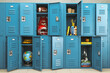 School lockers with items, equipments and accessoires for education. Back to school.