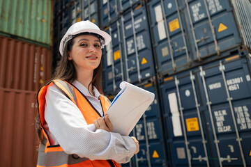 Wall Mural - Portrait Caucasian woman worker working in container port terminal. Attractive female engineer people process orders and product at warehouse logistic in cargo freight ship for import export in harbor