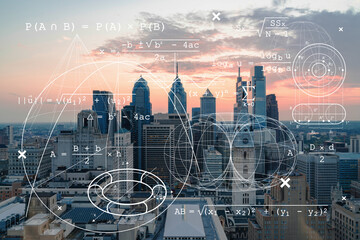 Aerial panoramic skyline of Philadelphia financial downtown, Pennsylvania, USA. City Hall Clock Tower at sunset. Technologies, education concept. Academic research, top ranking universities, hologram