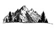 Mountain with pine trees and landscape black on white background. Hand drawn rocky peaks in sketch style.	