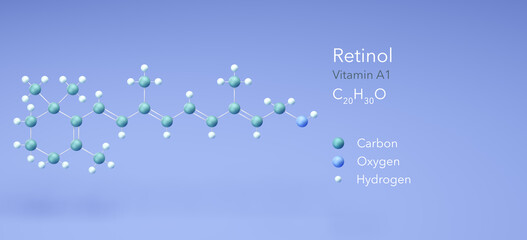 retinol, vitamin a1, molecular structures, 3d rendering, Structural Chemical Formula and Atoms with Color Coding