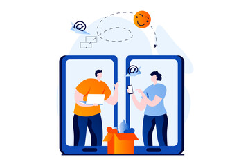 Aufkleber - Social network concept with people scene in flat cartoon design. Man and woman communicate online, send messages and gifts to each other using mobile apps. Illustration visual story for web