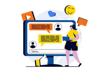 Aufkleber - Social network concept with people scene in flat cartoon design. Woman chatting with friends, likes and comments on posts, sharing digital content online. Illustration visual story for web