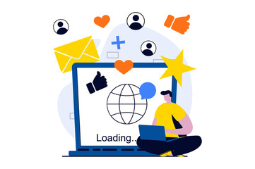 Aufkleber - Social network concept with people scene in flat cartoon design. Man registers in social network, writes messages, posting photo, likes and adds friends. Illustration visual story for web