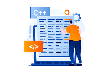 Software development concept with people scene in flat cartoon design. Man testing and optimizes code at screen, programming and creates software on laptop. Illustration visual story for web