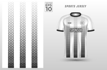 Black White t-shirt sport design template with polygon triangle pattern for soccer jersey. Sport uniform in front view. Tshirt mock up for sport club. Vector Illustration