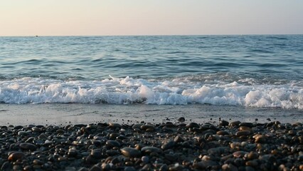 Poster - Slow motion closeup of sea waves crashing on the shore of Platanias beach at Crete island in Greece. Sea wave crashing at the sea shore. Summer beach background