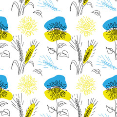 Wall Mural - Sunflowers and wheat spikelet vector pattern on white background. One continuous line art drawing. Blue and yellow colors of Ukrainian flag