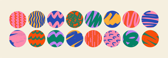 Wall Mural - Set of round Abstract colorful Backgrounds or Patterns. Hand drawn doodle shapes. Spots, drops, curves, Lines. Contemporary modern trendy Vector illustration. Posters, Social media Icons templates.