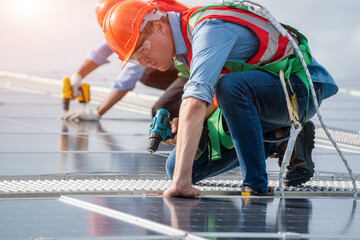 Aufkleber - Electrical and instrument technician installation and maintenance electric system solar panel on the roof of factory,Service check installation solar cell.