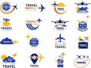 Wall Mural - exploration logo. tourist agency pictures with travel symbols airplanes cars worldwide travelling re