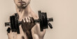 © Yevhen - Weak man lift a weight, dumbbells, biceps, muscle, fitness. Nerd maleraising a dumbbell. Man holding dumbbell in hand. Skinny guy hold dumbbells up in hands