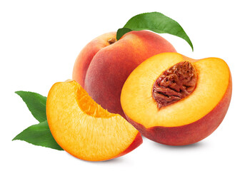 Sticker - Peaches isolated. Ripe sweet peaches and peach slices on a white background. Fresh fruits.