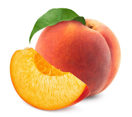 Wall Mural - Peaches isolated. Ripe sweet peach and slice and peach on a white background. Fresh fruits.