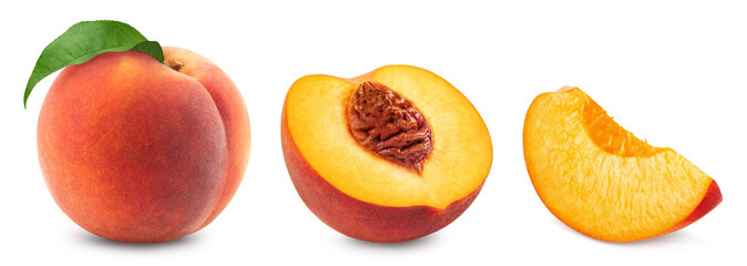 Peaches isolated. Set of peach, peach halves and peach wedges.