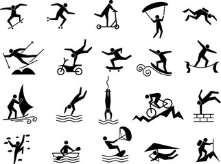 Poster - Extreme sport icon. Outdoor activity of fitness energy people jumping walking rafting and running recent vector sport illustrations