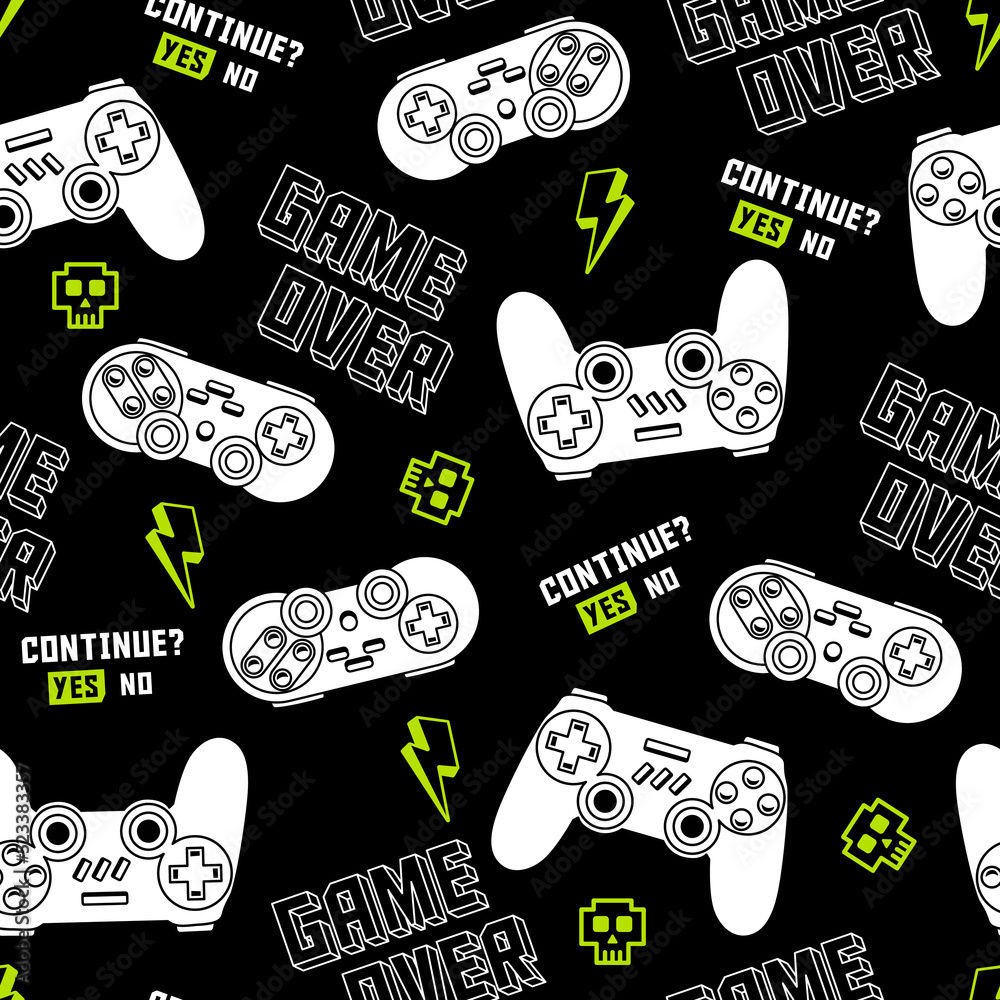 Vector seamless pattern with joystick gamepad illustrations and slogan ...