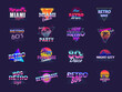 Retro badges. Stylized synth wave logo neon 1980s style cyberpunk colored templates. Recent vector pictures collection isolated