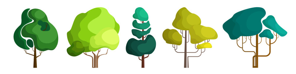 Set of futuristic trees in cartoon style. Vector illustration of icons trees for the park, garden, forest on white background.