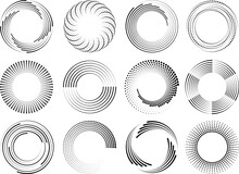 Speed Lines Circle Frames. Round Swirl And Curves Movement Spiral Symbols. Modern Dots Halftone Abstract Elements, Radial Racy Vector Logo Design