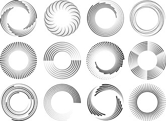 Speed lines circle frames. Round swirl and curves movement spiral symbols. Modern dots halftone abstract elements, radial racy vector logo design