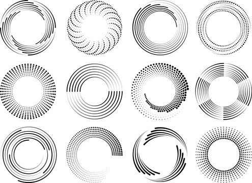 speed lines circle frames. round swirl and curves movement spiral symbols. modern dots halftone abst