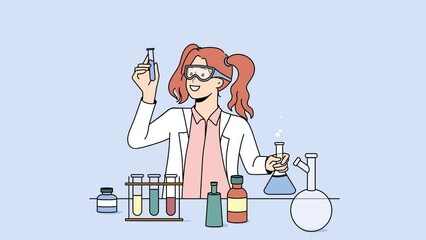 Wall Mural - happy girl working with tubes laboratory. female scientist do experiments in lab. science and chemis