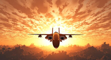 Military Jet  In Flight Sunrise Or Sunset