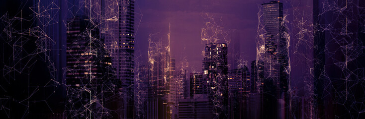 Fototapete - Smart city and big data connection technology concept.abstract line connection Communication tech innovation buildings futuristic background.